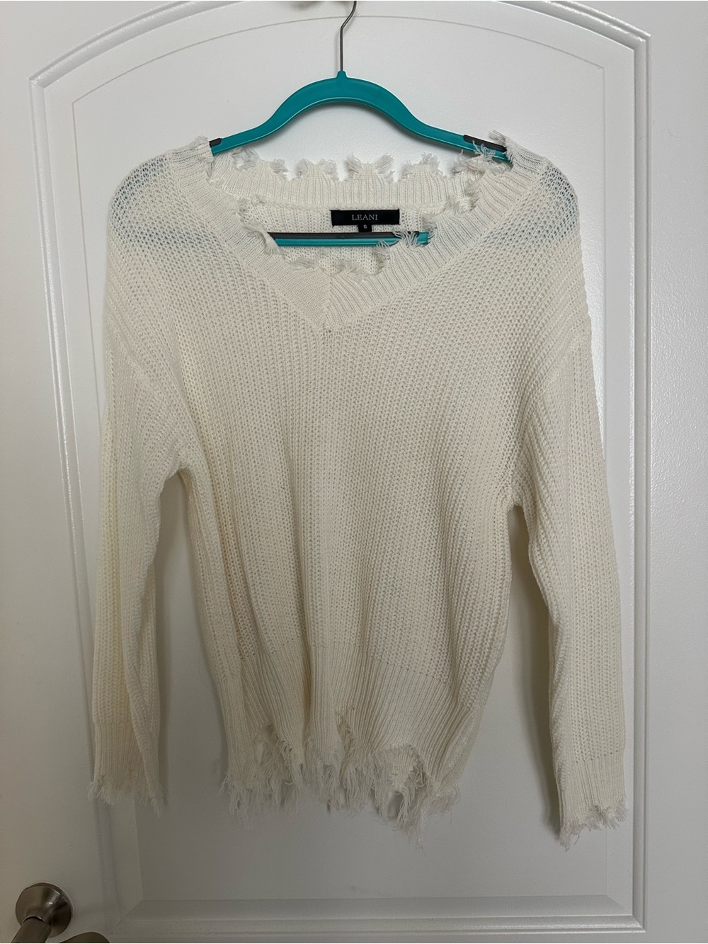 Ivory Distressed V-Neck Sweater